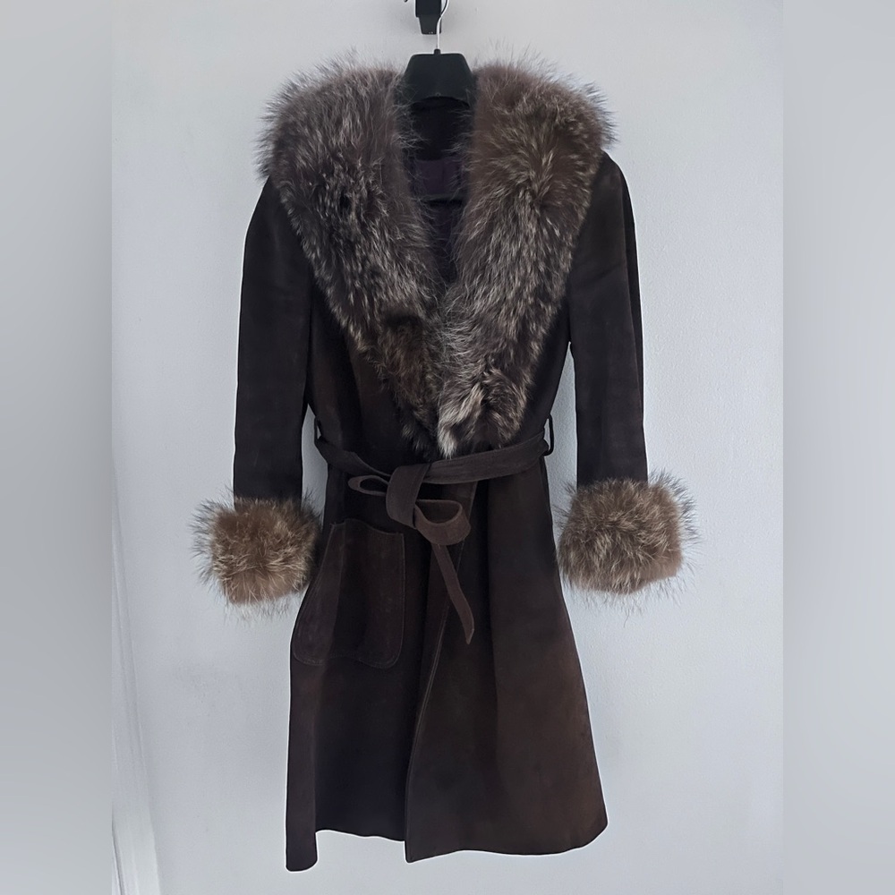 Vintage 70’ Luxurious Brown suede belted Fur-Trimmed Women's Coat